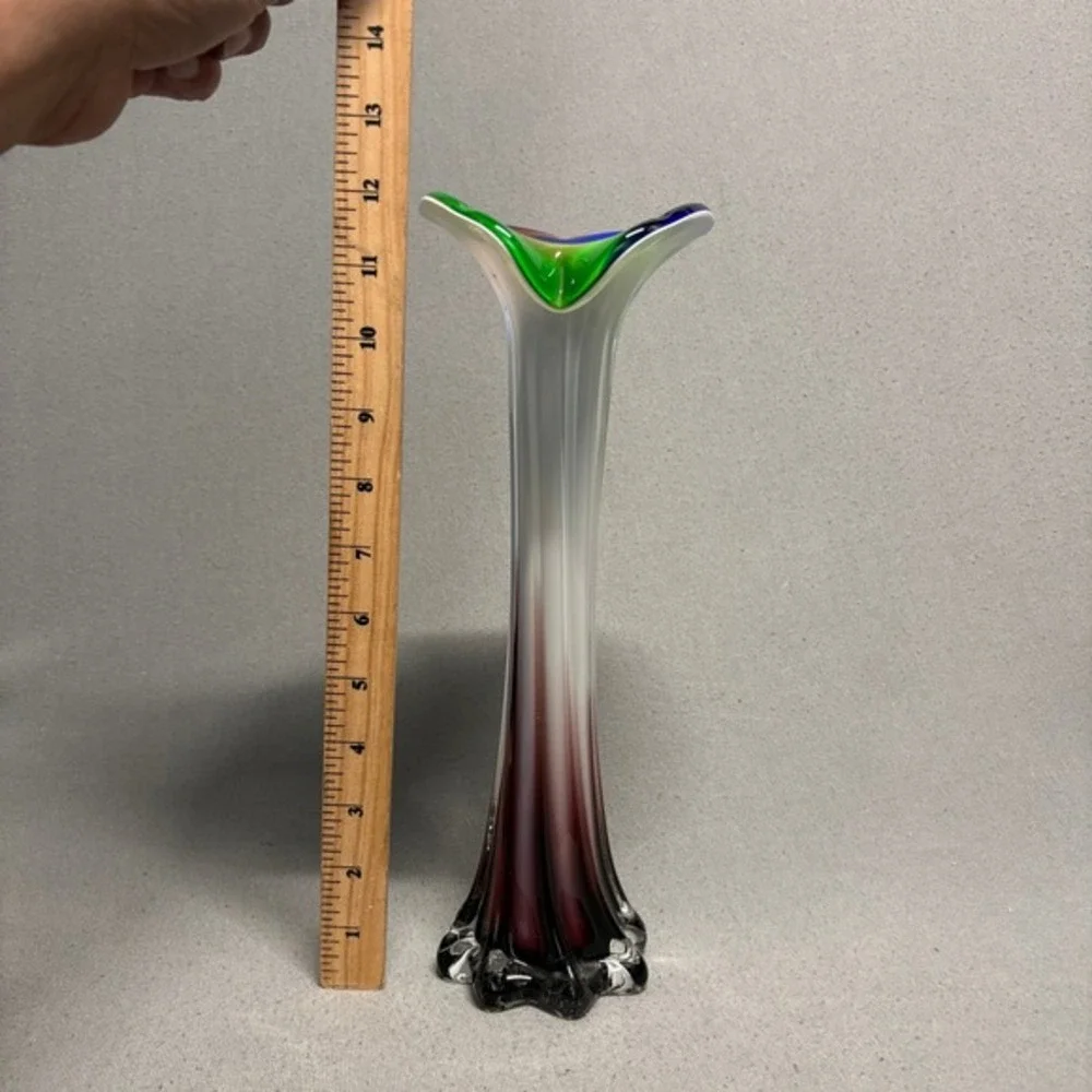 Art Glass Swirl Rim Vase 12in Multicolor Hand-Blown Style Home Decor‎